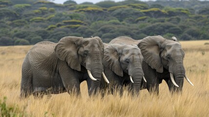 Obraz premium Three Elephants Walking Through Tall Grass