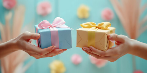 His hand was holding a gift box to exchange. friends gift