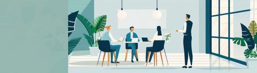 Fototapeta premium Modern business meeting in a stylish, green office space with four professionals discussing ideas and strategies at a round table.