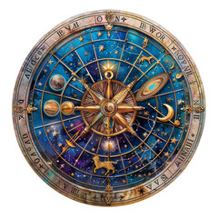 Obraz premium A round blue and gold clock with stars and planets on it