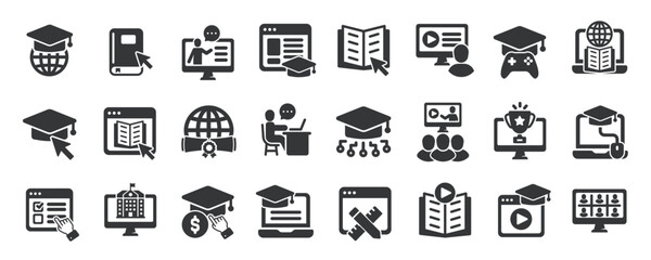 Online education glyph solid icons collection. Containing e-learning, school, education, study, diploma. For website marketing design, logo, app, template, ui, etc. Vector illustration.
