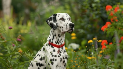 Dalmatian dog with red collar sitting in green surroundings among flowers and trees