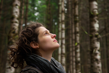 Woman in the forest Surrounded by autumn trees Revealing the beauty of nature concept