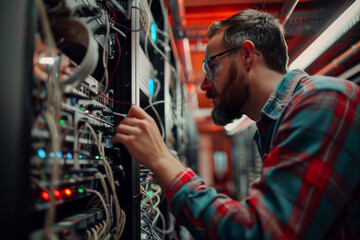 Male IT technician inspects equipment in network server room