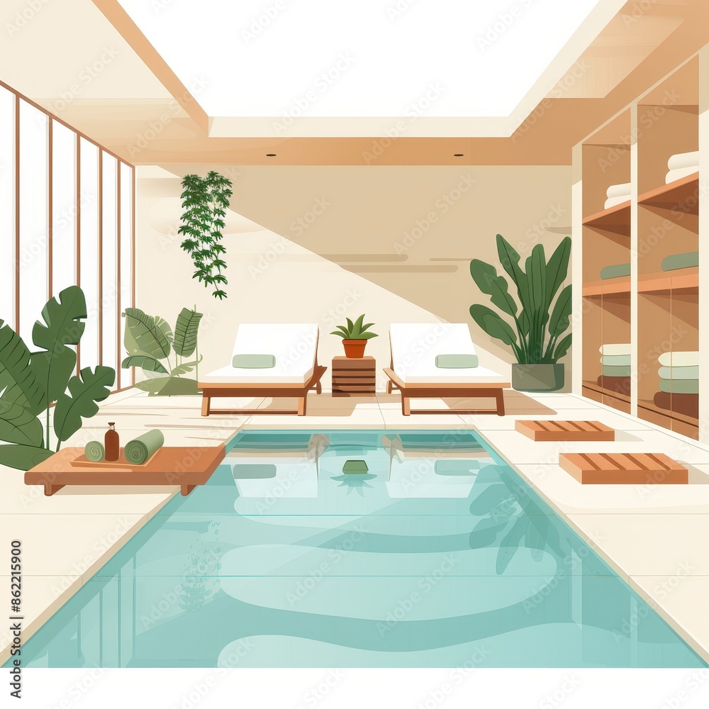 Wall mural A pool with two lounge chairs and a potted plant