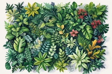 Fototapeta premium A lush green jungle with many different types of plants and flowers