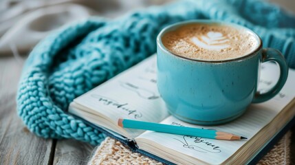 Goal-setting setup with a coffee cup, open journal, and motivational quotes, highlighting morning routines for productivity and well-being