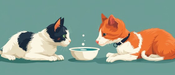 Two cats are drinking water from a bowl