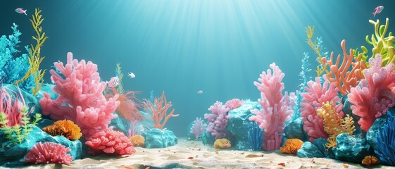 A colorful underwater scene with a variety of sea creatures swimming around