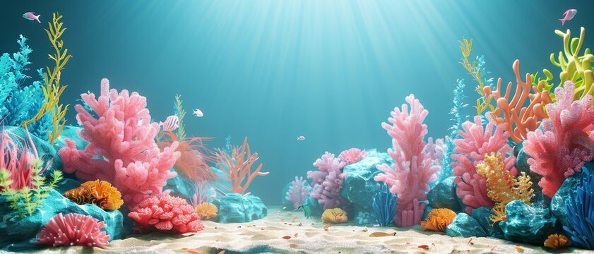 A colorful underwater scene with a variety of sea creatures swimming around