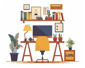 Fototapeta premium A computer desk with a yellow chair and a computer monitor