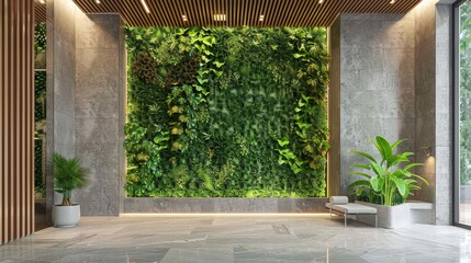 Green office lobby with indoor plants integrated into the lobby wall design, enhancing air quality and eco-friendliness
