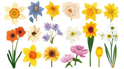 Spring flowers set vector design. Spring flower collection like daffodil, sun flower, crocus, daisy, peony and chrysanthemum fresh and blooming elements isolated in w