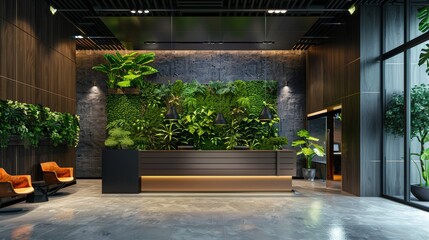 Green office lobby with indoor plants integrated into the lobby wall design, enhancing air quality and eco-friendliness