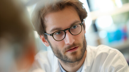 Obraz premium Close-up portrait of a young man wearing glasses in a white lab coat.