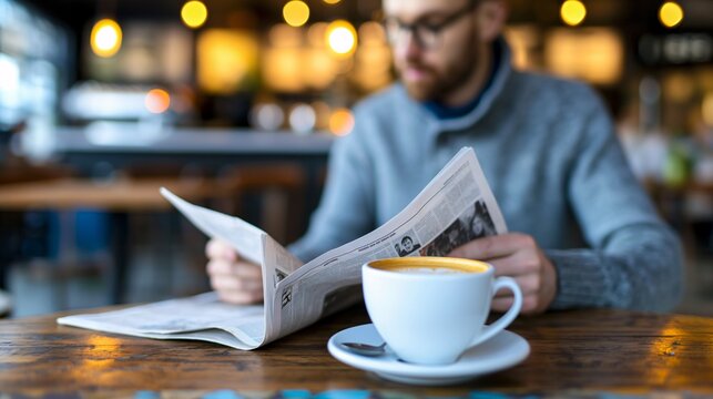 A person reading a newspaper in a coffee shop, with a cup of coffee and a relaxed expression.
