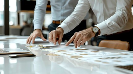 Businessman or Financial Professional Working at Desk: Business Team Analyzing Data Charts,Collaborative Workgroup in Office Environment