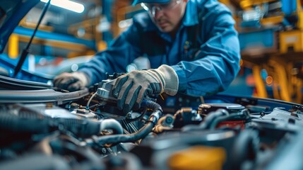 Obraz premium mechanic inspecting the engine of a hybrid vehicle, using specialized diagnostic tools, in a garage that supports advanced and eco-friendly automotive technology, highlighting innovation and expertise