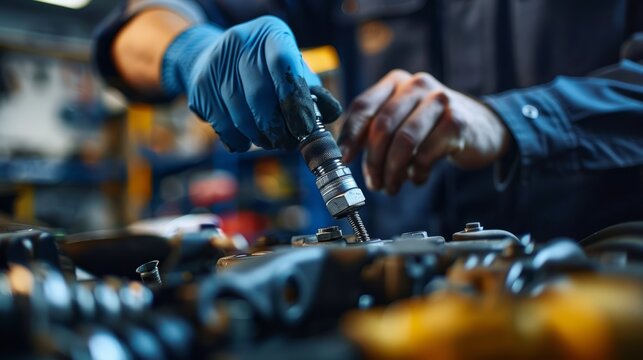 mechanic tightening engine bolts with a torque wrench, ensuring precise calibration, in a garage where precision tools and accurate measurements are critical, reflecting attention to detail and