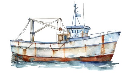 Naklejka premium Watercolor card with a retro fishing boat. Great design for any purposes. Illustration in cartoon style. Isolated background AI generated