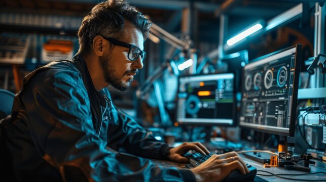 mechanic using a computer to update engine diagnostics software, in a garage that integrates digital solutions with mechanical expertise, reflecting a modern approach to automotive repair