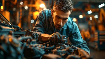 mechanic using a laser alignment tool to ensure engine components are perfectly positioned, in a garage that prioritizes precision and advanced technology in vehicle maintenance