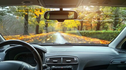 Fototapeta premium Inside a car from the driver's view, focusing on the windshield wiper clearing the windshield, front mirror present