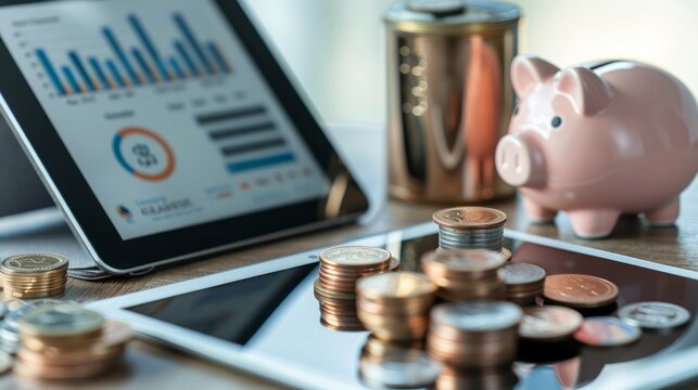 young professional planning savings on a tablet with coins and a piggy bank nearby, and a clear area for copy space for text