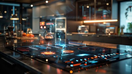 Obraz premium Futuristic Elegance: Photorealistic Sleek Kitchen with Induction Cooktop and Smart Oven