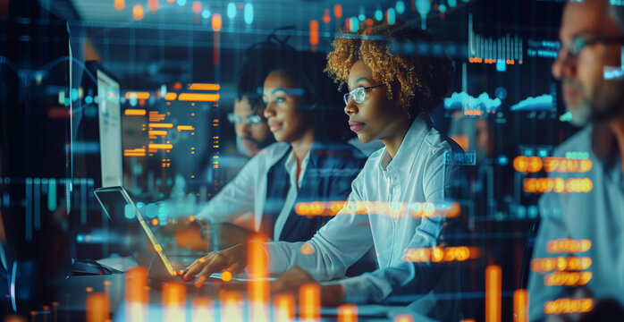 Diverse team of business professionals working on financial analysis in a high-tech office with data overlays