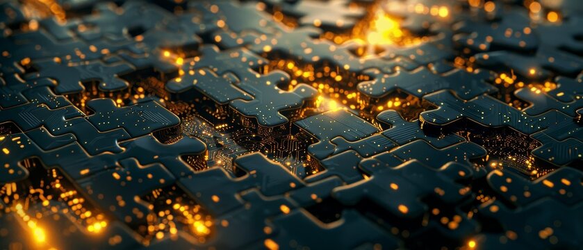 Intricate digital jigsaw puzzle with golden pieces, each symbolizing an essential part of a data encryption algorithm and the gold market