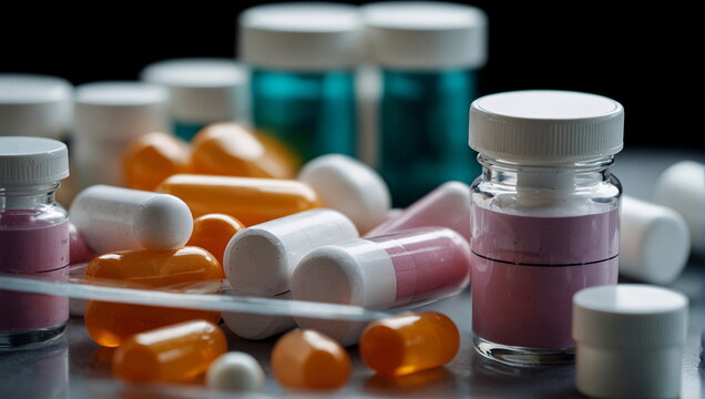 Pills, Tablets, vitamins and medicine of skincare products against black background.