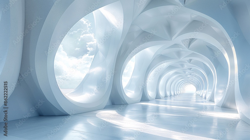 Poster abstract 3d rendering of a fantastic architectural scene with clean lines and minimalist geometric f