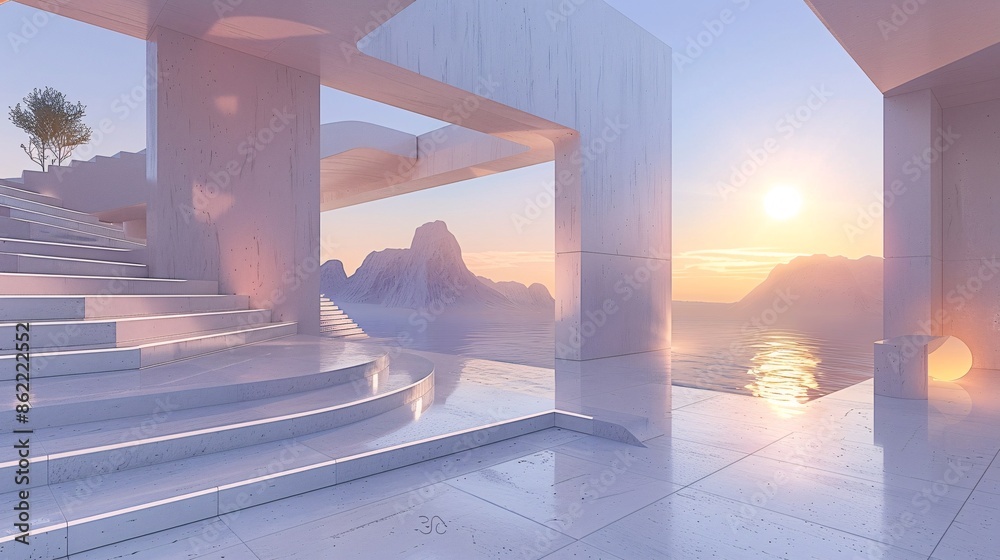 Poster a futuristic 3d architectural render showcasing a surreal composition of geometric shapes and struct