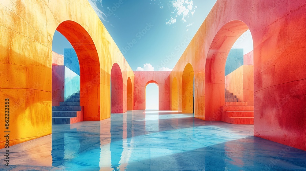 Poster surreal 3d rendering of minimal architecture, featuring an abstract arrangement of geometric shapes 