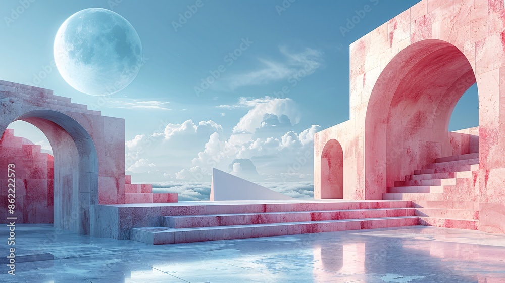 Poster a minimalistic 3d render of a surreal architectural landscape, featuring abstract geometric shapes a