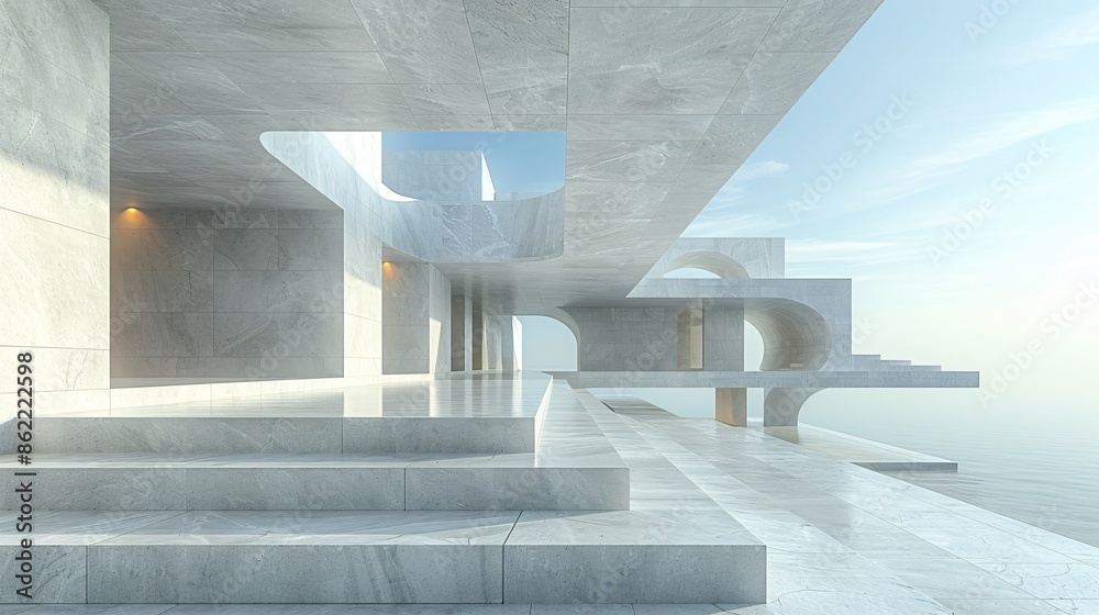 Poster surreal 3d rendering of an abstract geometric architectural design, featuring clean lines and a mini