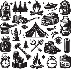 Vintage camping and outdoor adventure Hiking Tool Set elements flat silhouette style collection