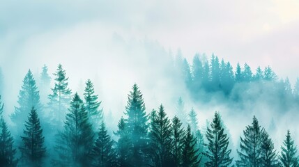 Obraz premium Serene landscape of a misty pine forest. The fog envelops the tall trees creating a peaceful and mysterious atmosphere.