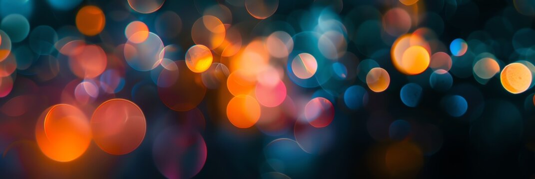 focus colorful bokeh on a dark almost black background, 3:1, banner, new years event