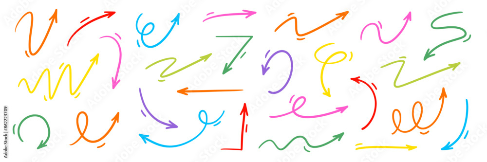 Aufkleber Arrow vector hand drawn sketch icon set. Doodle sketch hand drawn color direction element set. Color doodle line graphic design elements. Left, right, growth direction arrow. Vector illustration