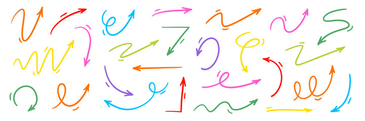 Arrow vector hand drawn sketch icon set. Doodle sketch hand drawn color direction element set. Color doodle line graphic design elements. Left, right, growth direction arrow. Vector illustration