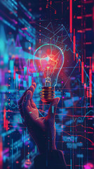 Light bulb in hand idea for saving money. Money management for the future. Idea saving energy and accounting finance concept, to make more money. financial business