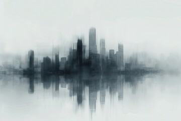 Fototapeta premium Abstract skyscraper skyline reflected in water, creating a surreal and artistic cityscape with a soft and misty atmosphere.