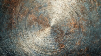 Fototapeta premium Close-up view of a textured metal surface with circular patterns and rust spots, providing a rustic and industrial background.