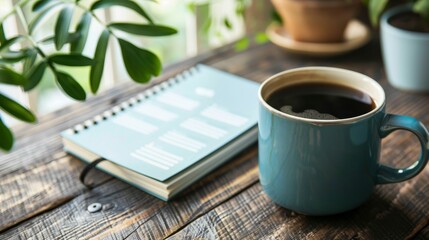 Motivational morning routine with a coffee cup, habit tracker, and wellness guides, emphasizing goal-setting for optimal productivity and well-being