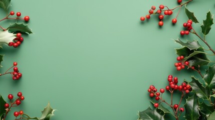 Flat lay with holly leaves berries on green background Holly branches holiday theme and copy space