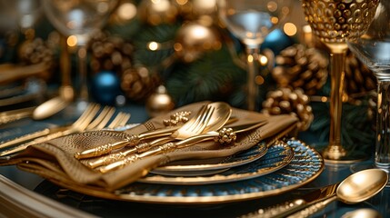 Cutlery Gold-plated cutlery set with intricate designs, elegantly placed on a festive table setting, enhancing the dining experience. Illustration, Minimalism,
