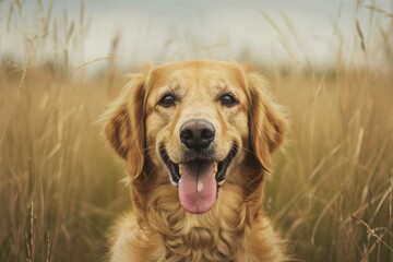Golden retriever dog with a happy expression, sitting in a field of tall grasses, with a blurred background and clear sky.