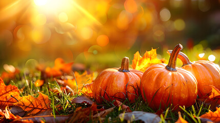 Orange pumpkins scattered across a lush, rustling carpet of autumnal leaves, set against a warm, sunny background of golden, crimson, and amber hues.